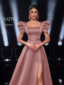 Glamrae Vestido formal elegante de línea A con abertura alta, cuello cuadrado y mangas abultadas, adecuado para citas, fiestas de solteros, bodas, eventos y ocasiones formales, vestido para invitada de boda, vestido de fiesta, vestido de noche, vestido de gala