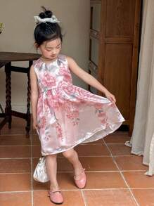 DAZY Young Girls Round Neck Floral Print Sleeveless Banquet Birthday Party Dress,Girls Summer Outfits - Pink - View 4
