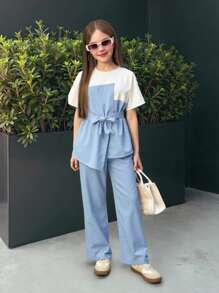 SHEIN 青少年女孩城市時尚短袖拼接上衣配純色長褲運動休閒2件套裝，春夏 - 淺藍色 - 查看 7