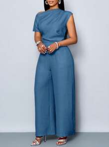 SOLERSUN Plus Size Women's Four Seasons Women's Clothing Commuting Elegant Day Travel Casual Simple Solid Color Off The Shoulder Asymmetrical Neckline Shoulder Pleats Short Sleeve Wide Leg Jumpsuit