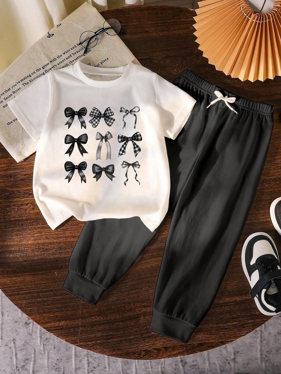 Young Girl Casual Simple Graphic Short Sleeve Round Neck T-Shirt And Pants Set, Suitable For Summer Clothes For Kids Set Summer Holiday - Black - View 1