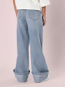 SUMWON Wide Leg Turnup Jeans High Waisted Boyfriend Style Baggy Relaxed Fit Street Style Fashion Autumn Winter Spring Denim - Blue - View 2