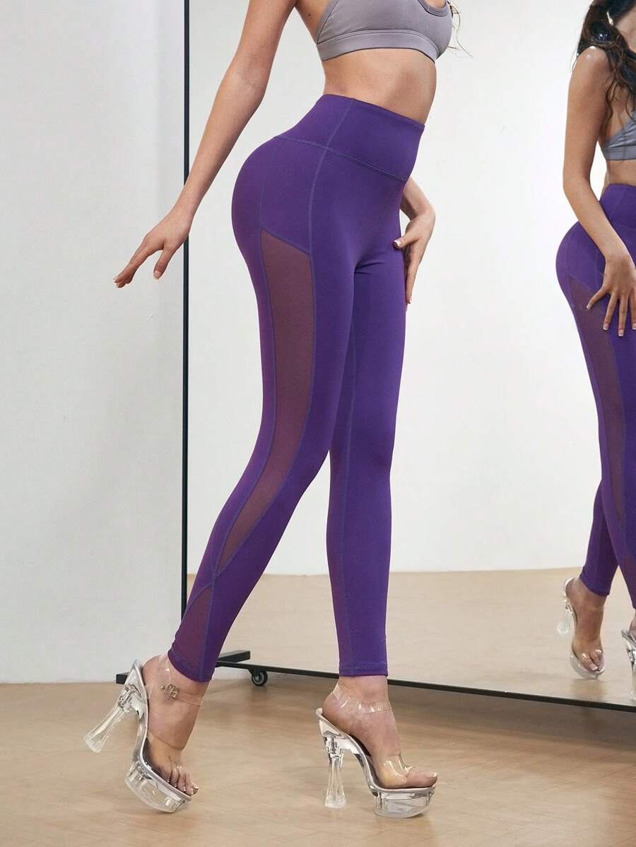 Menodora SHEIN Sport Pole Dance Laser Mesh Patchwork See-Through Sexy Sports Leggings - Blue - View 1