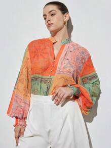 Aveloria Modichic 大码度假风格活力拼布花卉印花透明雪纺褶皱灯笼袖褶皱下摆衬衫