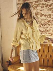 Aralina Ruffled V-Neck Long Sleeve Front Tie Blouse - Yellow - View 6