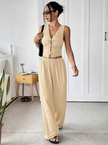 SHEIN EZwear 卡其色纹理针织吊带背心和裤子套装，度假装，夏季 - 卡其色 - 查看 3