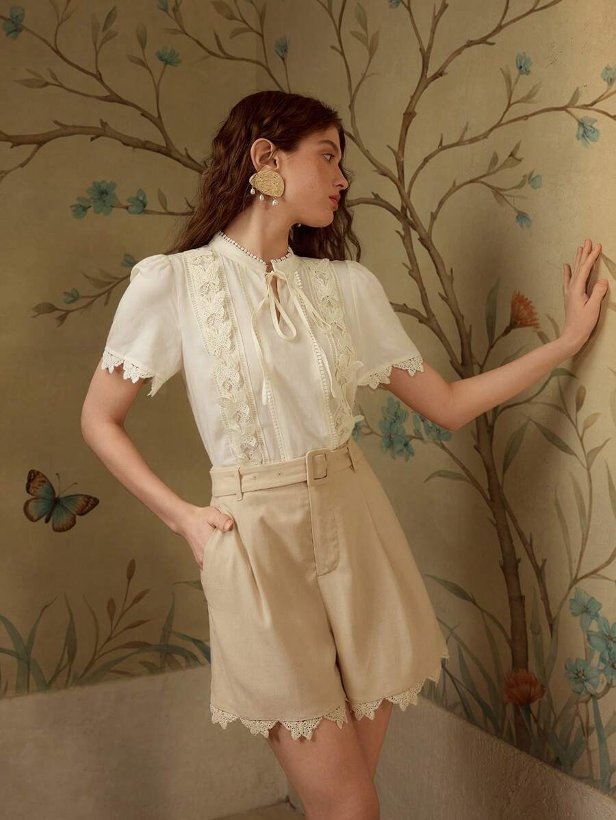 MOTF PREMIUM ÁO BƯỚM REN TƯƠNG PHẢN VẢI LANH