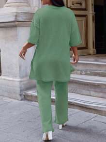 EURMUSE Cotton Plus Size Summer Casual Ribbed Drop Shoulder Top And Straight Pants With Open Slit - Mint Green - View 2