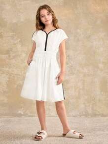 Ontre Tween Girl Front V-Neck Short Sleeve Cinched Waist Dress - White - View 1