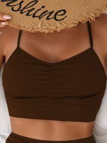 Swim Basics Bộ đồ bơi tankini 2 mảnh nữ mùa hè đi biển màu trơn có đệm - Cà phê nâu - Xem 4