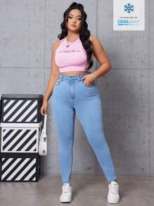 SHEIN EZwear Jeans casual à coupe slim, design poche, couleur unie, tailles plus