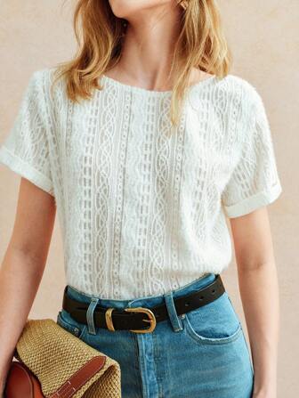 Écloséra 法式孔眼刺绣荷叶边下摆休闲圆领短袖T恤，夏季