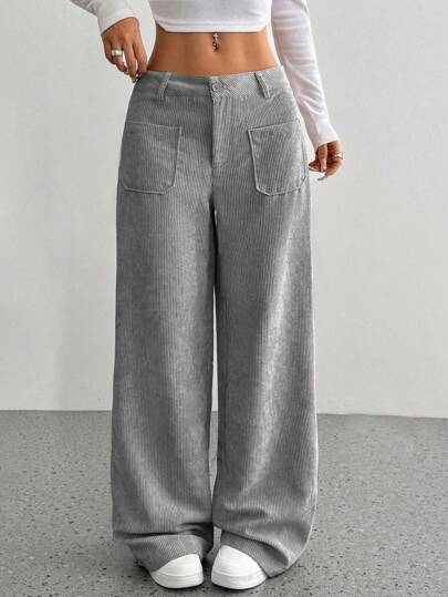 Lunelith SHEIN Lunessa Pantalones rectos informales con bolsillos y forro polar de unicolor para invierno