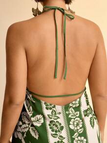 CAJUNI Women Vacation Tropical Boho Flower And Coconut Tree Print Spaghetti Strap Lace Up Casual Beach Summer Maxi Dress