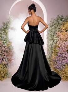 Glamrae Elegantes und wunderschönes Kleid mit schwarzen Pailletten-Nähten, luxuriöser Satin mit Baumwoll-Büstenträger, strapazlose I-förmige Faltenapplikation mit Seitenschlitzen und extra großem Schleppbesatz, geeignet für Dating-Partys, Junggesellinnenabschiede, Urlaub und formelle Abendessen-Anlässe, Abendkleid, Ballkleid, für Abende, Hochzeitsgäste