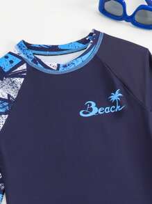 Tween Boy Palm Tree Print Raglan Long Sleeve Top And Shorts Swimsuit Set