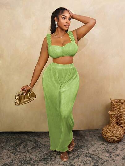 BamGleam Top corto sin mangas con volantes y unicolor, moda de verano para mujer