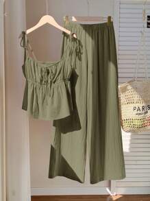 Comfortcana Linen Tank Top And Long Pants Set, Summer - Army Green - View 5