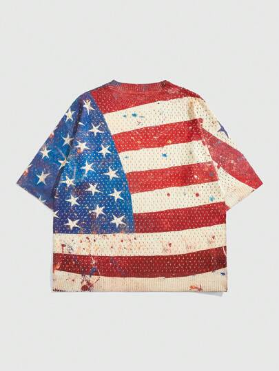 Grunge Punk Pull ample à manches courtes en tricot avec imprimé drapeau punk, motif drapeau américain, pour l'été, 4 juillet