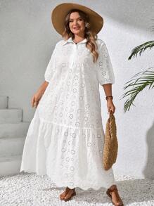 SHEIN CURVE+ Vestido estilo camisa de mujer talla grande con mangas de farol, dobladillo con volantes y bordado floral, para uso casual, vacaciones de verano, país, playa - Blanco - Ver 6