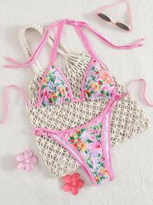 Swim Mod New Arrival Women's Solid Color With Random Print Dual Strap Fashionable Cute Bikini 2Pcs Swimsuit Set For Summer Beach Vacation - Multicolor - View 3