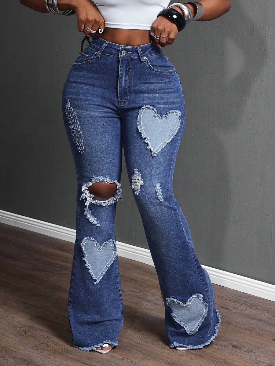 Slaydiva Women's Casual Versatile Distressed Embroidered Washed Denim Flare Jeans - Dark Wash - View 1