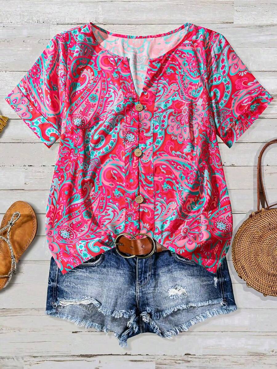 Linhara Koszula damska na lato z nadrukiem na całej powierzchni i wyciętym kołnierzykiem i podwiniętymi mankietami w dużym rozmiarze, styl boho/codzienny strój/tropikalny strój wakacyjny - Wyrazisty róż - Zobacz 1