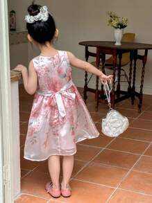 DAZY Young Girls Round Neck Floral Print Sleeveless Banquet Birthday Party Dress,Girls Summer Outfits - Pink - View 5