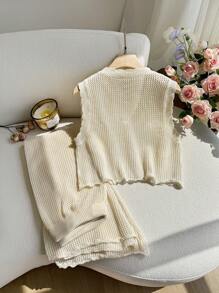 SHEIN Privé Set Sweater Ukuran Besar, Kasual Elegan Longgar Mewah Romantis Berongga untuk Pantai - Krem - View 10