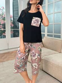 SHEIN SHEIN Lounja Blumen Muster Patchstreifen-Taschen-Kurzarmhose 3/4 Länge Pyjama Set