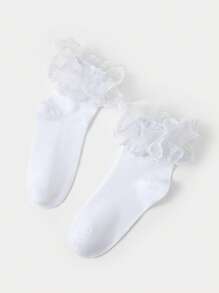 ROMWE Kawaii Women's Fashionable Mid-Calf Socks With Hollow Ruffled Design - White - View 3