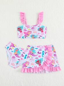 Young Girls Printed Bikini Set With Ruffles, 3 Pieces Kids Swimsuits Two Pieces Kids Swimsuits Girls Two Pieces Summer Girl Sets Summer Sets For Girls Kids Bathing Suit Sets - Multicolor - View 3