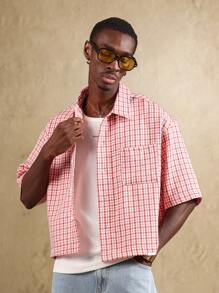 SUMWON Áo sơ mi cài nút tay ngắn họa tiết gingham thời trang mùa hè vừa vặn, nhẹ nhàng, tươi mát, mặc đi nghỉ dưỡng đường phố - Đỏ - Xem 3