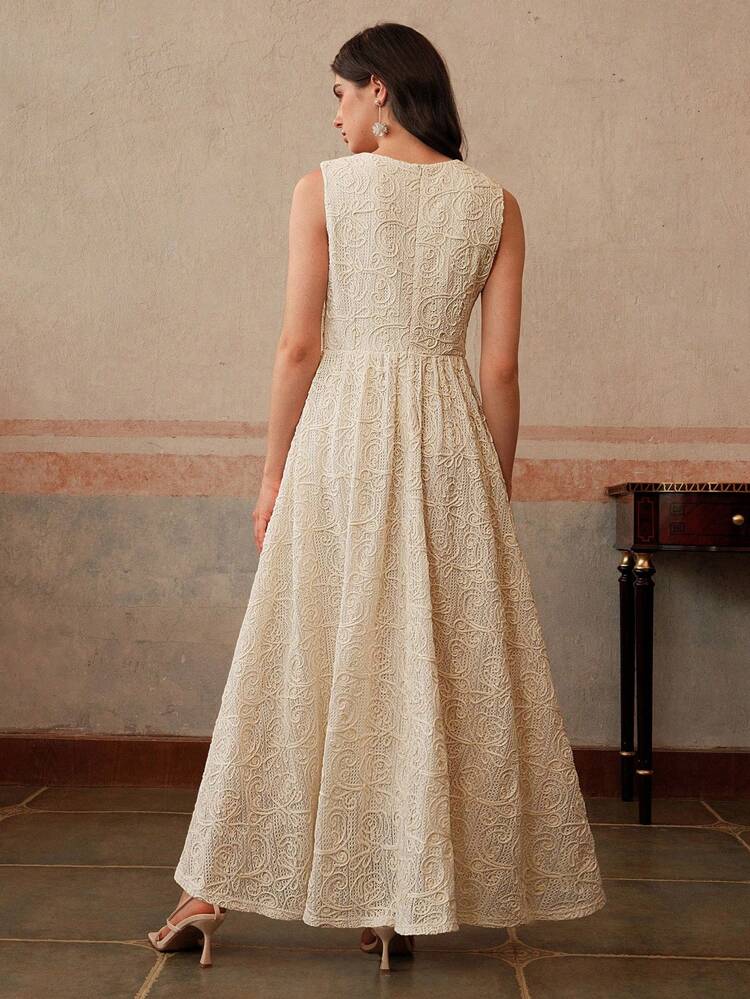 Women's Elegant Modern Sleeveless Embroidered Waist Textured Midi Dress, For Summer