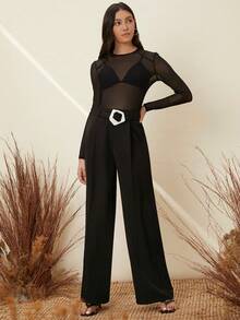 SHEIN BAE 女式圆领黑色透视长袖夏季上衣，性感常规肩部设计 - 黑色 - 查看 4