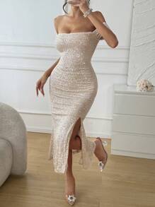 Vestido de fiesta de lujo de un hombro con cintura ceñida y abertura, vestido de cóctel con lentejuelas para el hombro descubierto, conjunto de mujer para Año Nuevo y carnaval con vestido brillante - Plateado - Ver 8