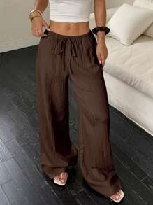 Flirla Pantalones casuales de verano para mujer de unicolor con cintura elástica, cordón y bolsillos