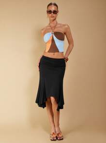 COSMINA 女士优雅休闲不对称褶饰棕色半身裙，春夏