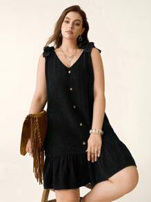 SHEIN LUNE 大码蝴蝶结木纽扣装饰连衣裙 - 黑色 - 查看 5