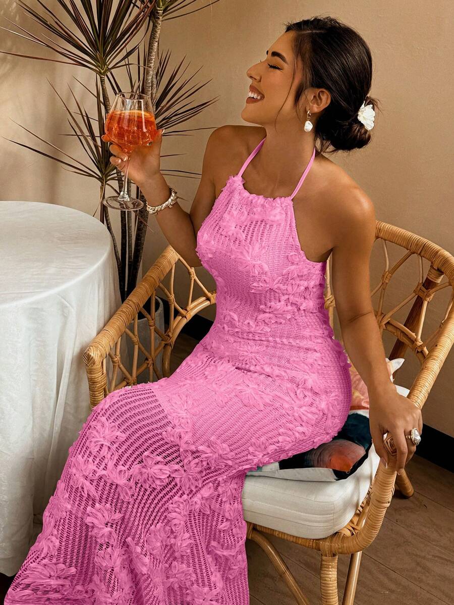 Selianne Women's Embroidered Texture Spaghetti Strap Dress - Pink - View 1