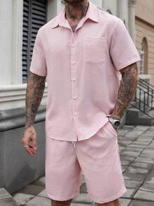 Manfinity Homme Men's Solid Color Summer Short Sleeve Shirt With Pockets And Shorts Set, Ideal Gift For Boyfriend And Husband - Pink - View 1