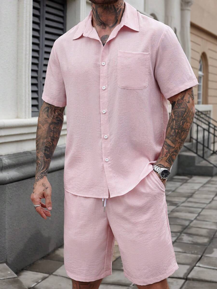 Manfinity Homme Men's Solid Color Summer Short Sleeve Shirt With Pockets And Shorts Set, Ideal Gift For Boyfriend And Husband - Pink - View 1