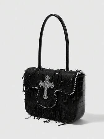 Grunge Punk Bolso de hombro de moda con decoración de metal cruzada y flecos para mujeres