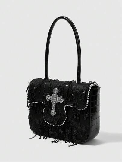 Grunge Punk Women's Cross Metal Decor Fashion Tassel Shoulder Bag