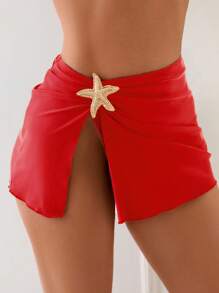 Swim 1 pieza Vestido de playa dividido de unicolor con accesorio de estrella de mar en el lateral para mujer - Rojo - Ver 5