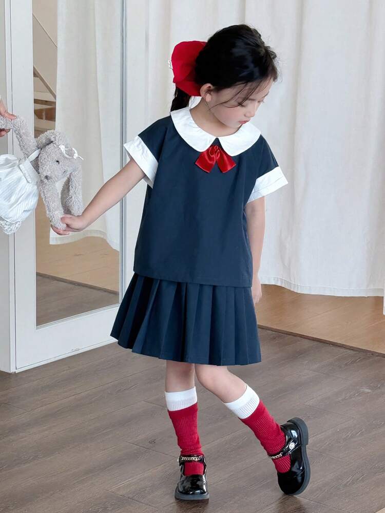 Young Girl School Style Contrast Trim Top & Pleated Skirt 2pcs Outfit, Summer, For Back To School