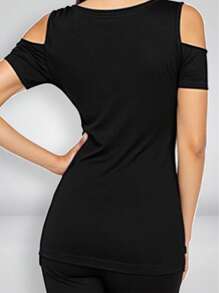 SHEIN 女式黑色深V领性感镂空肩部修身短袖T恤 - 黑色 - 查看 2