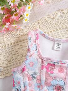 SHEIN Babygirl 可爱花卉印花针织吊带背心，适合夏季度假 - 淡紫色 - 查看 4