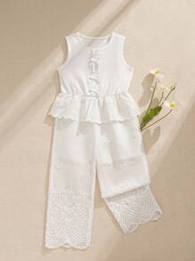 SHEIN 年轻女孩时尚无袖镂空刺绣腰部细节连体裤，夏季 - 白色 - 查看 2