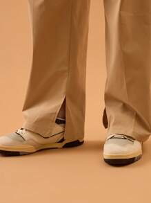 Musero 宽松修身西裤，脚踝开衩设计，纽扣门襟，适合春夏度假穿着 - 卡其色 - 查看 6